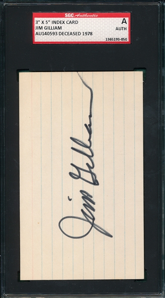Autographed 3X5 Card, Jim Gilliam, Signed SGC Authentic 