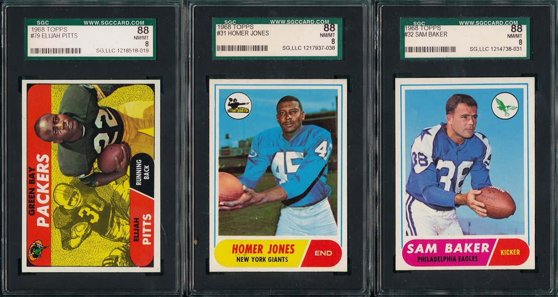 1968 Topps FB #31 Jones, #32 Baker & #79 Pitts (3) Card Lot SGC 88