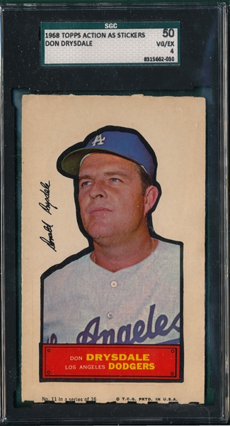 1968 Topps Action as Stickers Don Drysdale SGC 50
