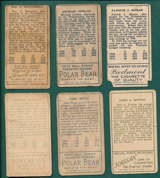 1911 T205 Philadelphia Phillies (6) Card Lot W/ Bransfield