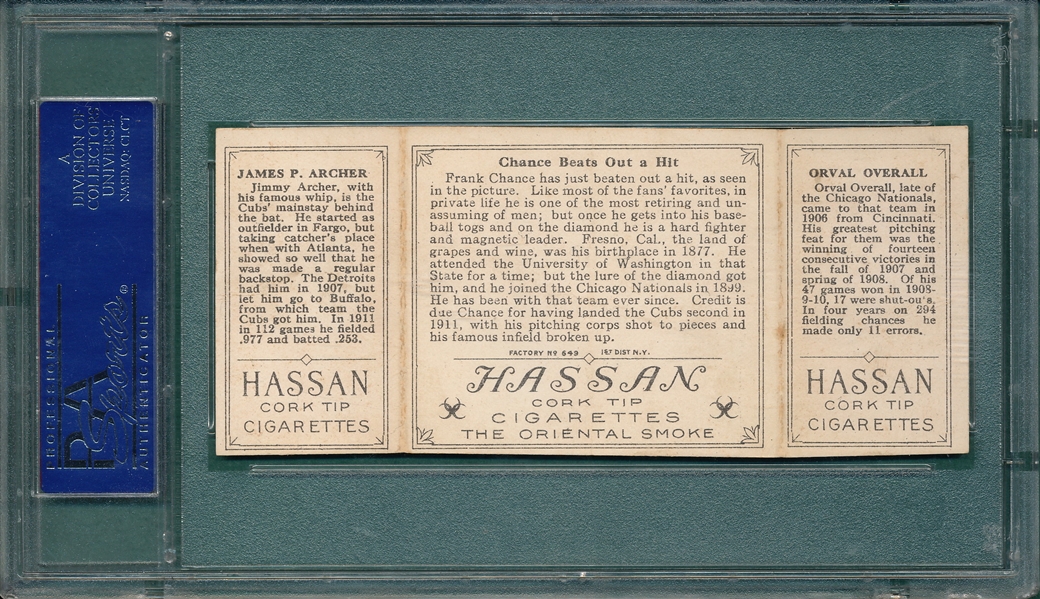 1912 T202 Chance Beats Out a Hit, Overall/Archer, Hassan Cigarettes PSA 5
