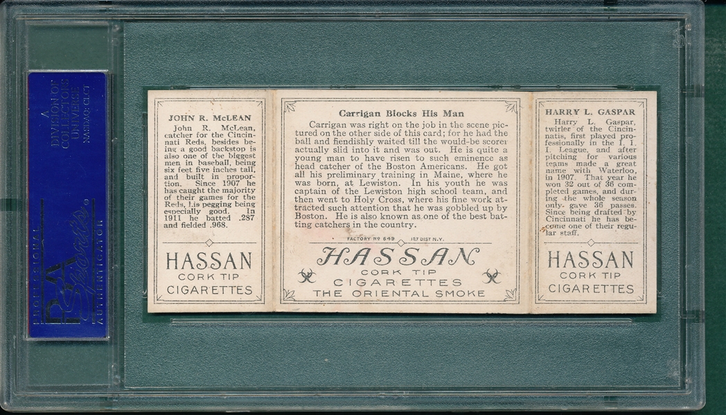 1912 T202 Carrigan Blocks His Man, Gaspar/McLean, Hassan Cigarettes PSA 6