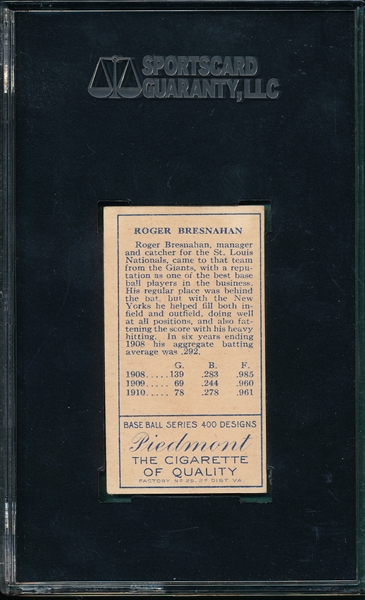 1911 T205 Bresnahan, Mouth Open, Piedmont Cigarettes SGC 80