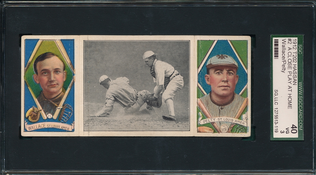 1912 T202 A Close Play at Home, Wallace/Pelty, Hassan Cigarettes SGC 40