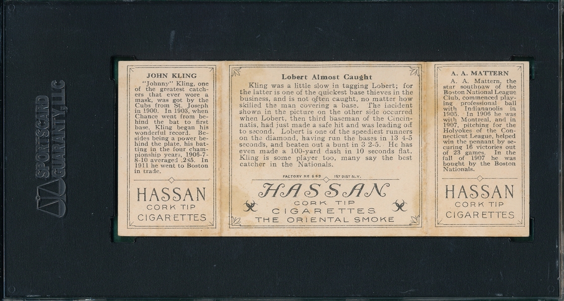 1912 T202 Lobert Almost Caught, Mattern/Kling, Hassan Cigarettes SGC 40