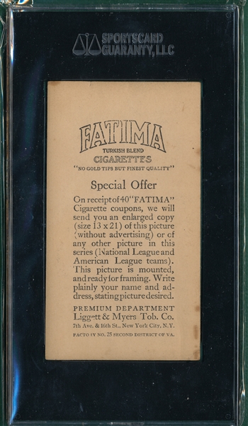 1913 T200 Washington Senators Fatima Cigarettes W/ Walter Johnson SGC 40