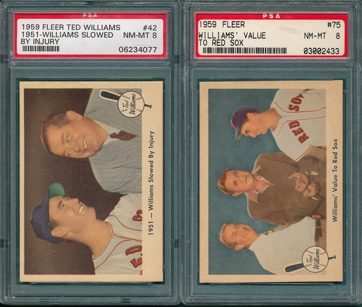 1959 Fleer Ted Williams #42 & #75 W/ Babe Ruth, (2) Card Lot PSA 8