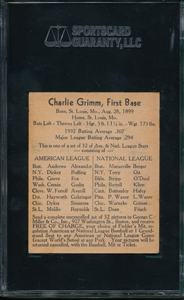 1933 George C. Miller Charlie Grimm SGC 30