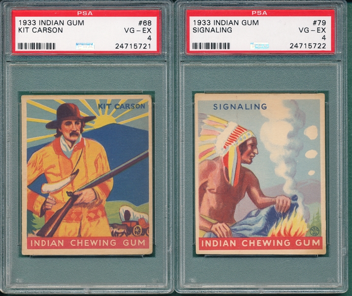 1933 R73 #68 Kit Carson & #79, Indian Chewing Gum, (2) Card Lot PSA 4