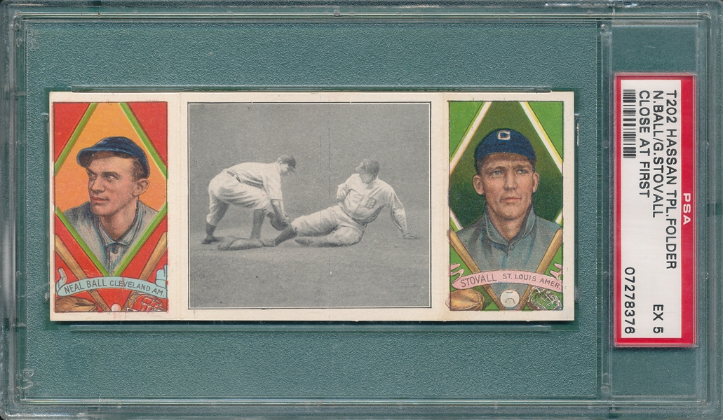 1912 T202 Close at First, Ball/Stovall, Hassan Cigarettes PSA 5
