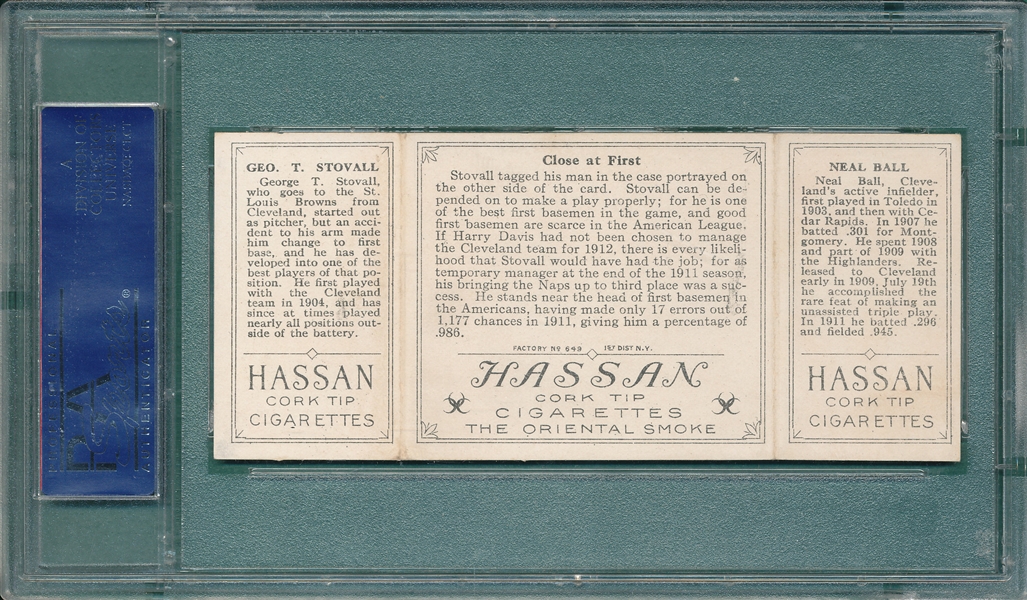 1912 T202 Close at First, Ball/Stovall, Hassan Cigarettes PSA 5