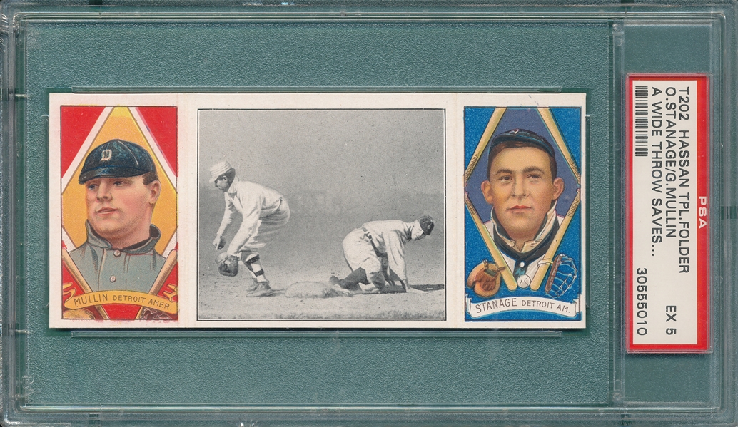 1912 T202 A Wide Throw Saves Crawford, Mullin/Stanage, Hassan Cigarettes PSA 5