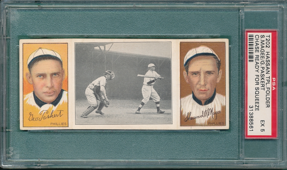 1912 T202 Chase Ready For the Squeeze Play, Paskert/Magee, Hassan Cigarettes PSA 5
