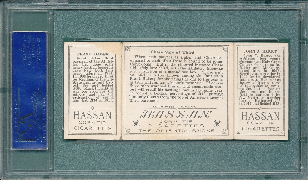 1912 T202 Chase Safe At Third, Barry/Baker, Hassan Cigarettes PSA 2