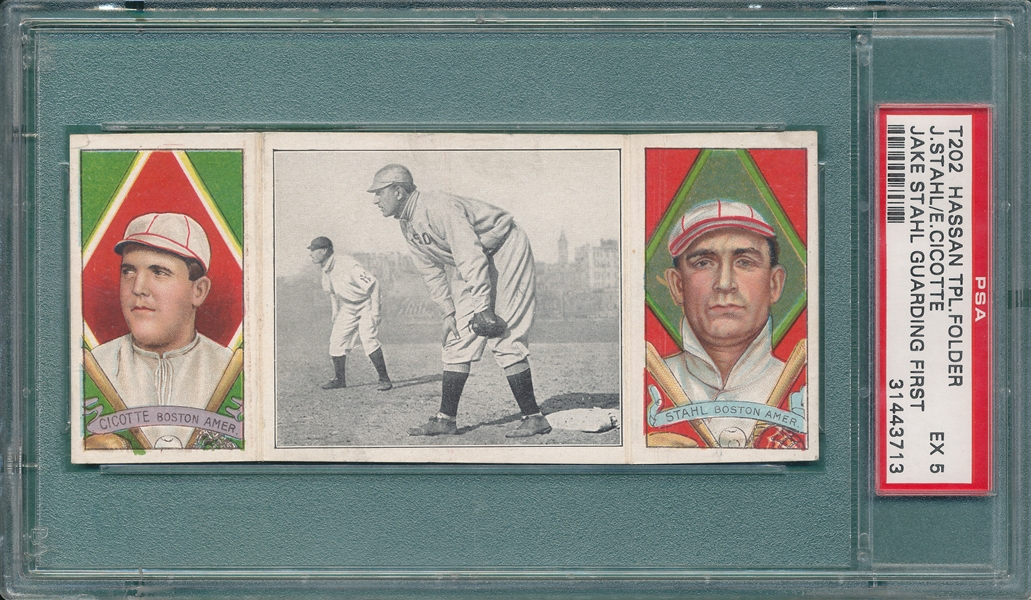 1912 T202 Jake Stahl Guarding First, Stahl/ Cicotte, Hassan Cigarettes PSA 5