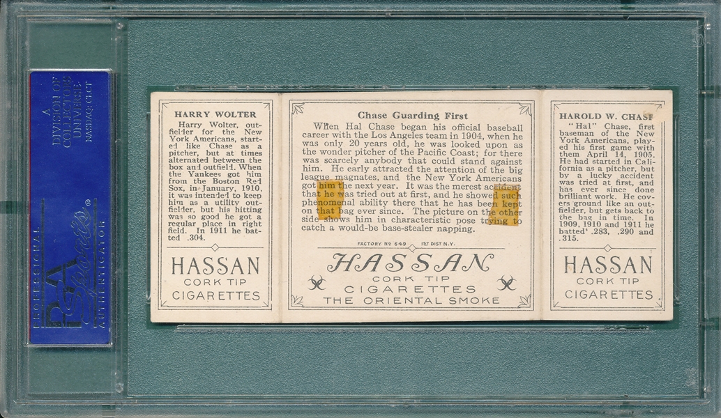 1912 T202 Chase Guarding First, Chase/Wolter, Hassan Cigarettes PSA 2