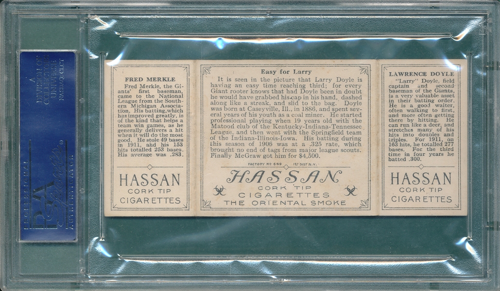1912 T202 Easy For Larry Doyle/Merkle Hassan Cigarettes Triple Folder PSA 6