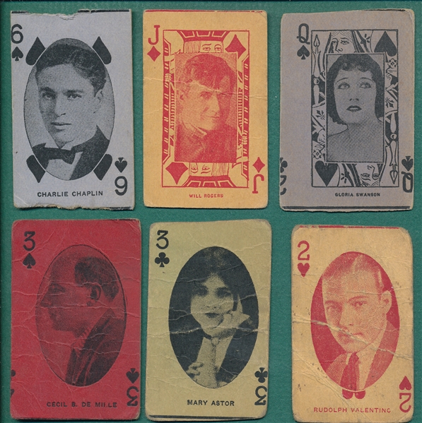 1920s Playing Card Strips Lot of (16) W/ Chaplin, Rogers