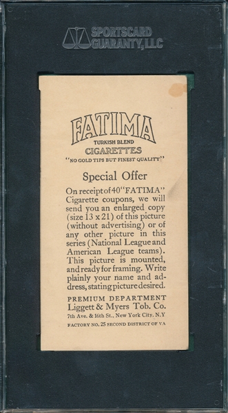 1913 T200 Philadelphia Athletics Fatima Cigarettes SGC 35
