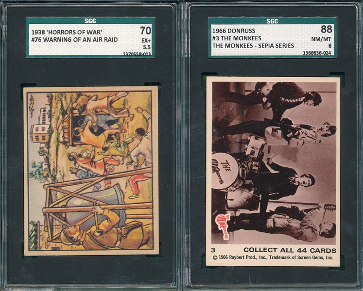 1938 Horrors of War #76 Warning of an Air Raid SGC 70 & 1966 Donruss The Monkees, Sepia Series #3 The Monkees SGC 88 Lot of (2)