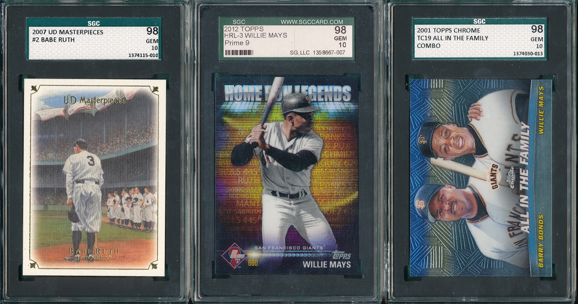 2001 Topps Chrome TC19 All in the Family, Bonds/Mays, 2012 Topps Mays & 2007 UD Master #2 Ruth (3) Card Lot SGC 98 *Gem Mint*