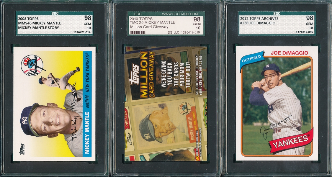 2008 Topps MM Story #46, 2010 Topps Mickey Mantle & 2012 Topps Archives DiMaggio Lot of (3) SGC 98