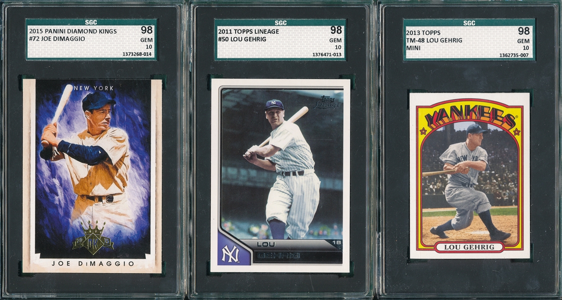 2011 Topps Linage #50 Gehrig, 2013 Topps Gehrig, Mini & 2015 Panini DK #72 DiMaggio Lot of (3) SGC 98