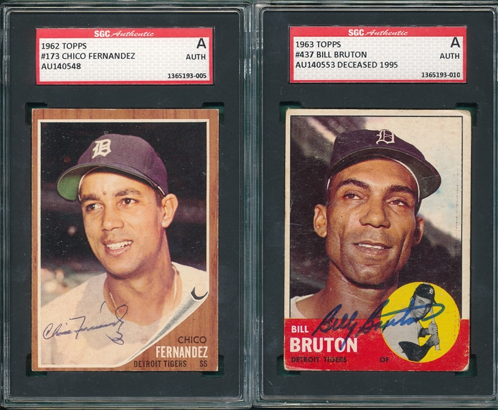 1962 Topps Chico Fernandez & Bill Bruton (2) Card Lot, Autographed Card, SGC Authentic 