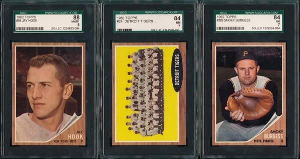 1962 Topps #24, #94 & #389 (3) Card Lot SGC 84/88