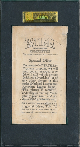 1913 T200 Cleveland Indians Fatima Cigarettes W/ Joe Jackson SGC 10