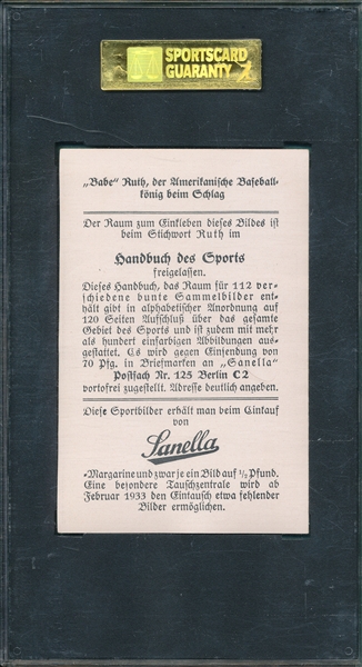 1933 Sanella Babe Ruth, Type II, SGC 70