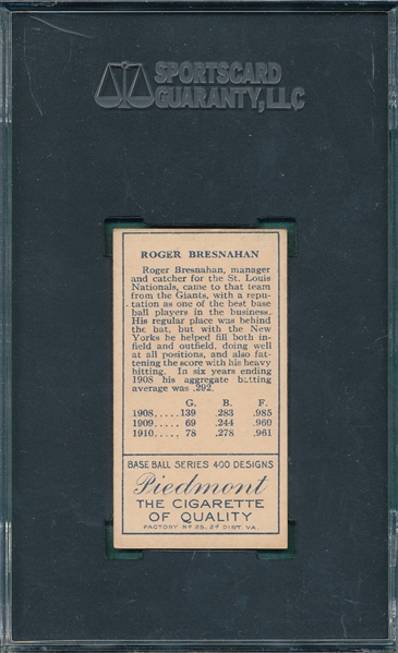 1911 T205 Bresnahan, Mouth Closed Piedmont Cigarettes SGC 80