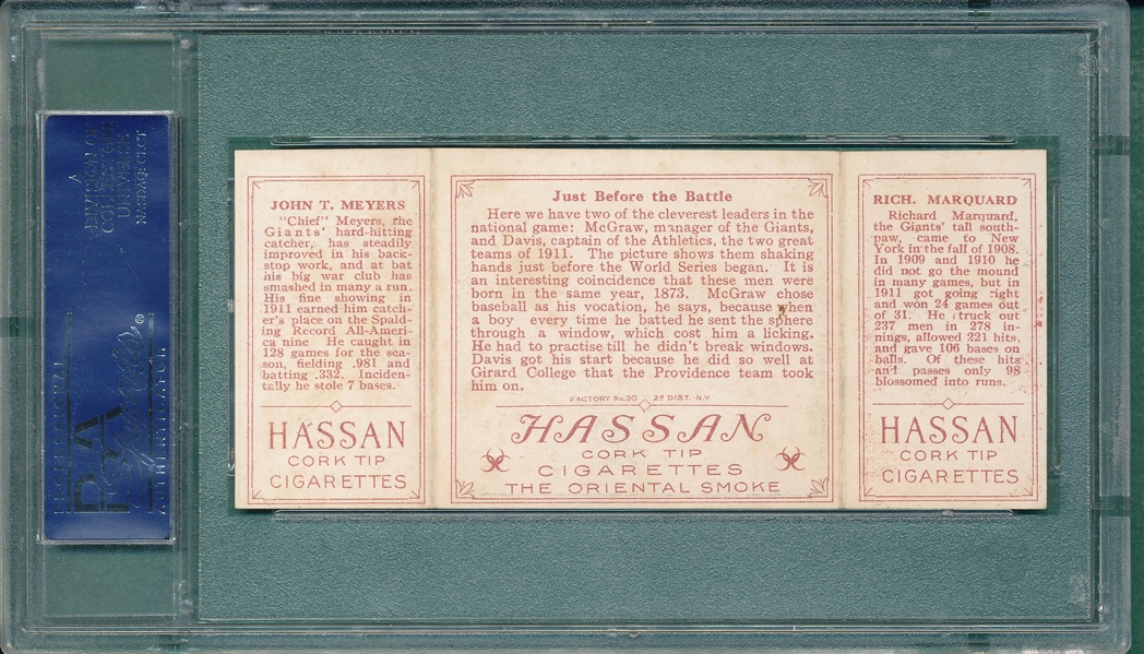 1912 T202 Just Before the Battle Meyers/ Marquard, Hassan Cigarettes Triple Folder PSA 6