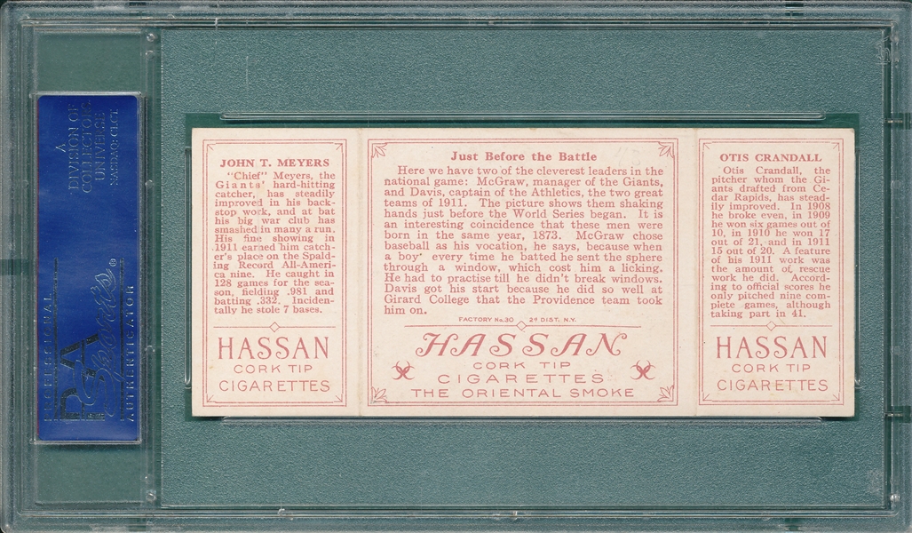 1912 T202 Just Before the Battle Crandall/Meyers, Hassan Cigarettes Triple Folder PSA 5