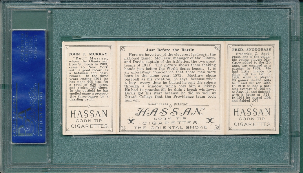 1912 T202 Just Before the Battle Snodgrass/Murray, Hassan Cigarettes Triple Folder PSA 4