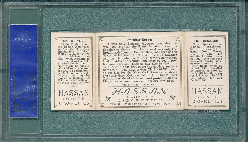 1912 T202 Speaker Scores Engle/Speaker, Hassan Cigarettes Triple Folder PSA 5