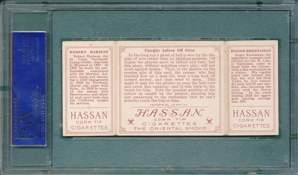1912 T202 Caught Asleep at First Bresnahan/Harmon, Hassan Cigarettes Triple Folder PSA 3