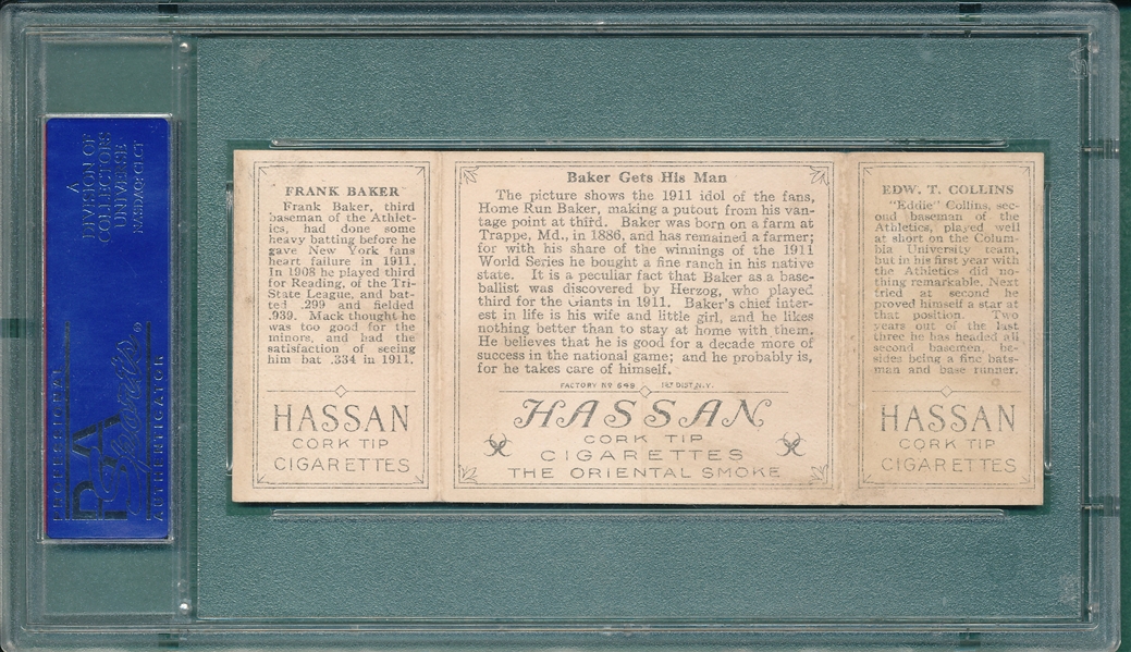 1912 T202 Baker Gets His Man Collins/Baker, Hassan Cigarettes Triple Folder PSA 5