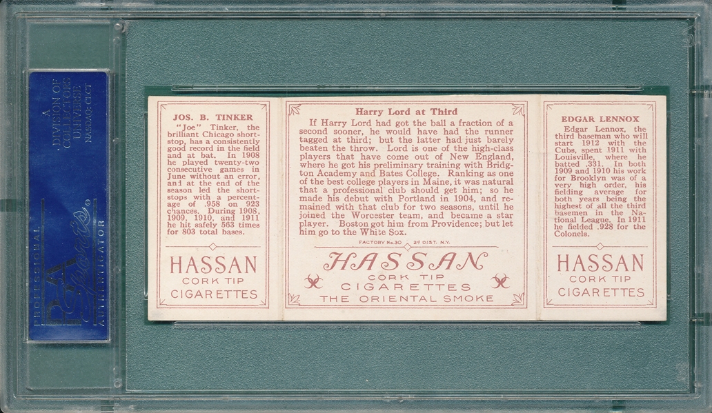 1912 T202 Harry Lord at Third Tinker/Lennox, Hassan Cigarettes Triple Folder PSA 5
