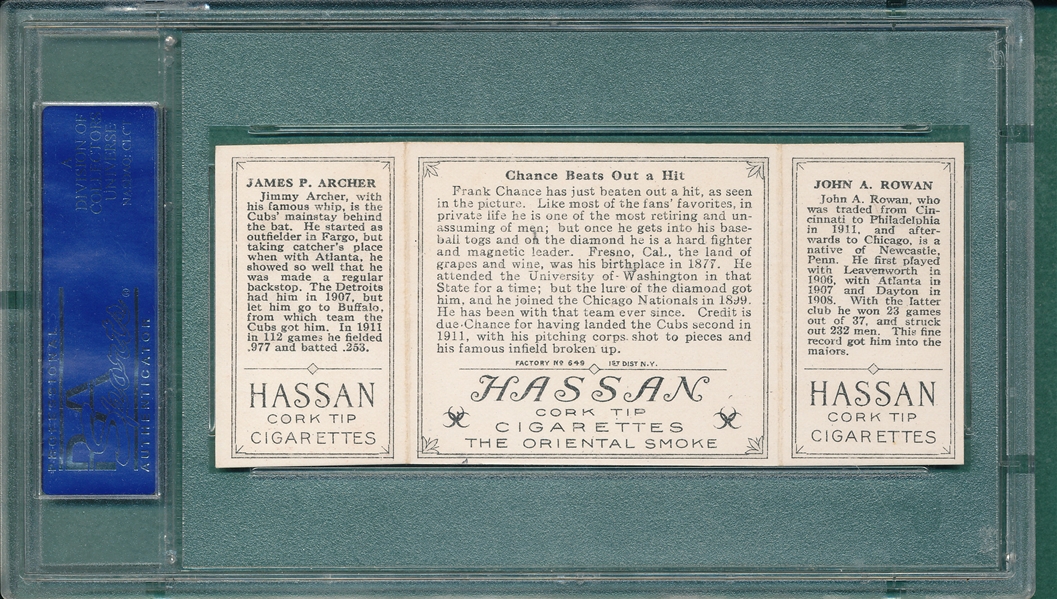 1912 T202 Chance Beats Out a Hit Rowan/Archer, Hassan Cigarettes Triple Folder PSA 5