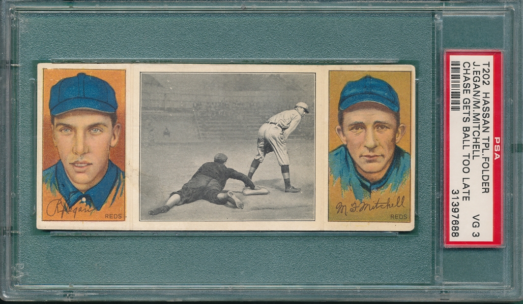 1912 T202 Chase Gets Ball Too Late Egan/Mitchell, Hassan Cigarettes Triple Folder PSA 3