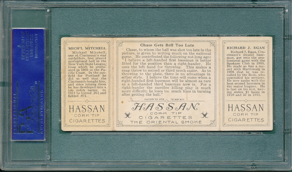1912 T202 Chase Gets Ball Too Late Egan/Mitchell, Hassan Cigarettes Triple Folder PSA 3
