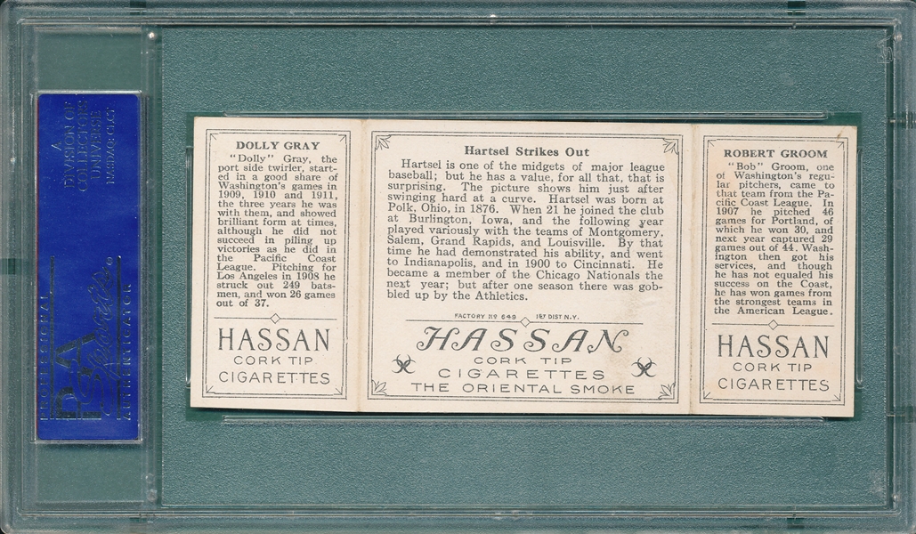 1912 T202 Hartsel Strikes Out Gray/Groom, Hassan Cigarettes Triple Folder PSA 5