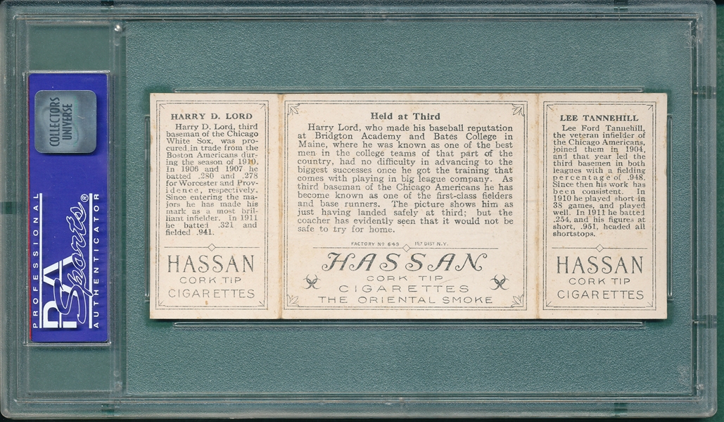 1912 T202 Held at Third L. Tannehill/ H. Lord, Hassan Cigarettes Triple Folder PSA 5