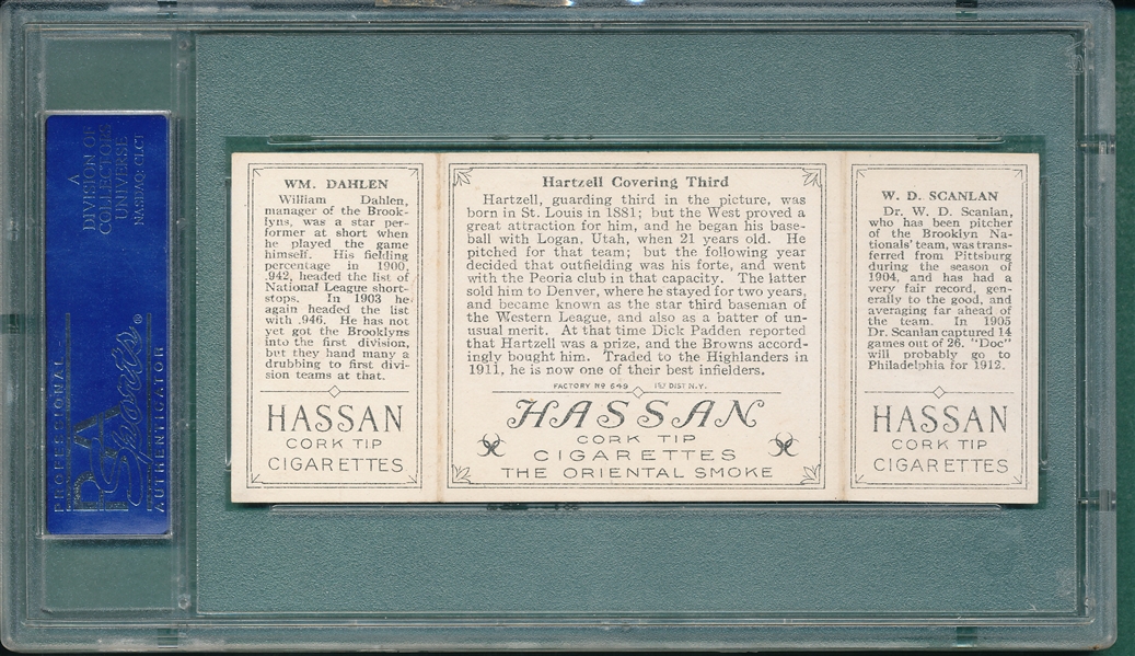1912 T202 Hartzell Covering Third Scanlan/Dahlen, Hassan Cigarettes Triple Folder PSA 6