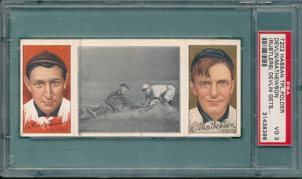 1912 T202 Devlin Gets His Man, Devlin (Rustlers)/ Mathewson, Hassan Cigarettes Triple Folder PSA 3