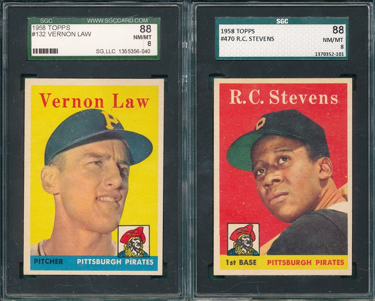 1958 Topps #132 Law & #470 Stevens, Pirates (2) Card Lot SGC 88