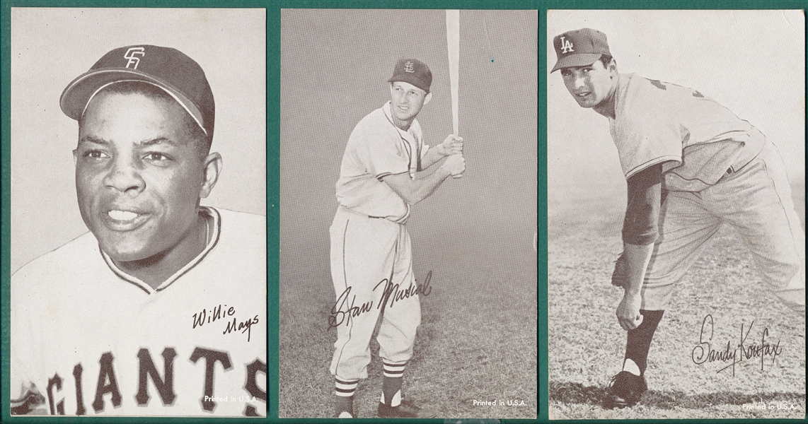 1962 Exhibits Stat Back (7) Card Lot W/ Mays, Musial & Koufax