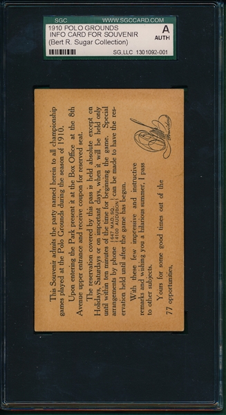 1910 Polo Grounds Season Pass Information Card, From Bert Sugar Collection SGC Authentic