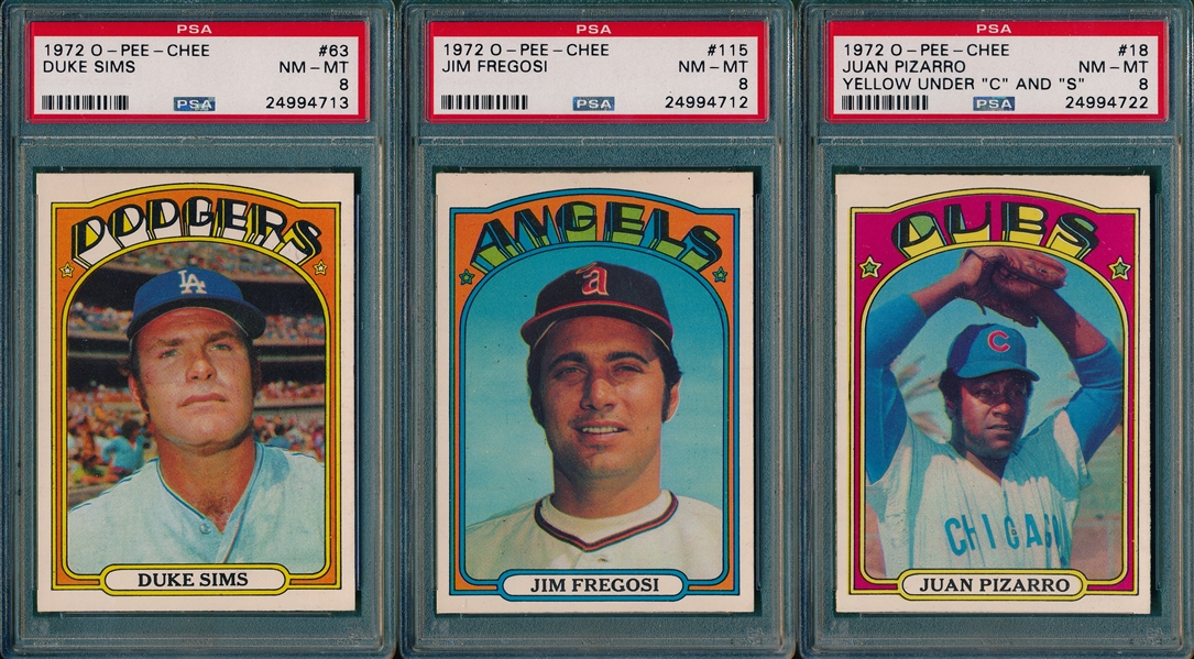 1972 O-Pee-Chee Juan Pizzaro, Duke Sims & Jim Fregosi, (3) Card Lot PSA 8